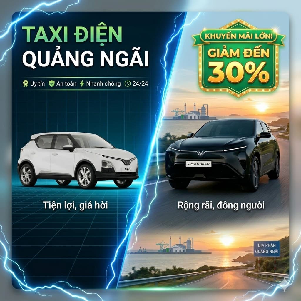 Taxi Điện Quảng Ngãi - VF5 & LimoGreen - Giảm đến 30%